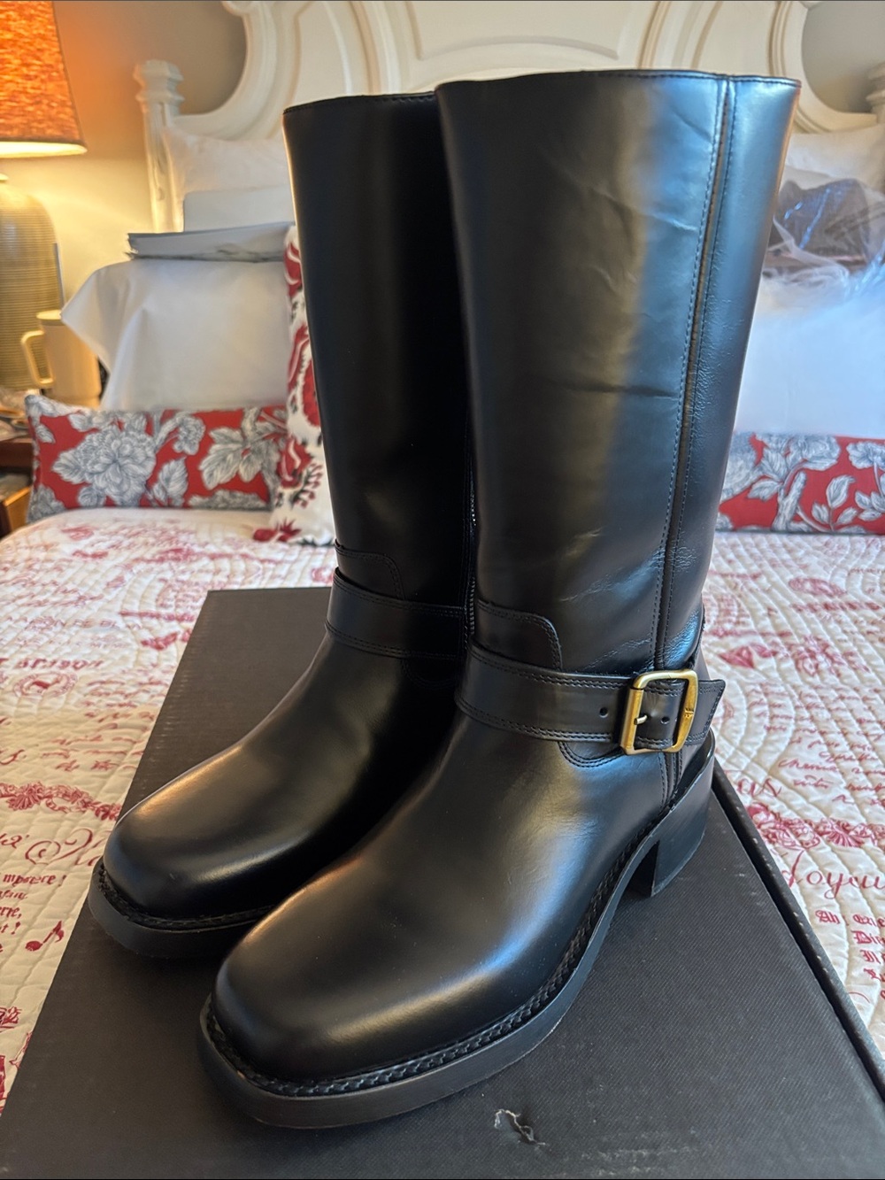 NWT Frye Women’s Black Leather Campus Buckle Mid-Calf Heeled Boots/Zipper SZ 10